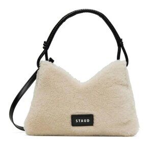 STAUD Shearling Shoulder Bag in Cream with Black Strap